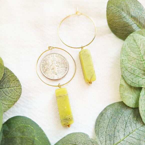 Green Serpentine Gold Hoop Earrings, Minimalist Boho Hoops, Natural Cottagecore - Picture 2 of 9